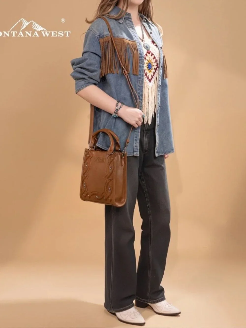 Montana West Embroidered Aztec Small Tote/Crossbody Brown